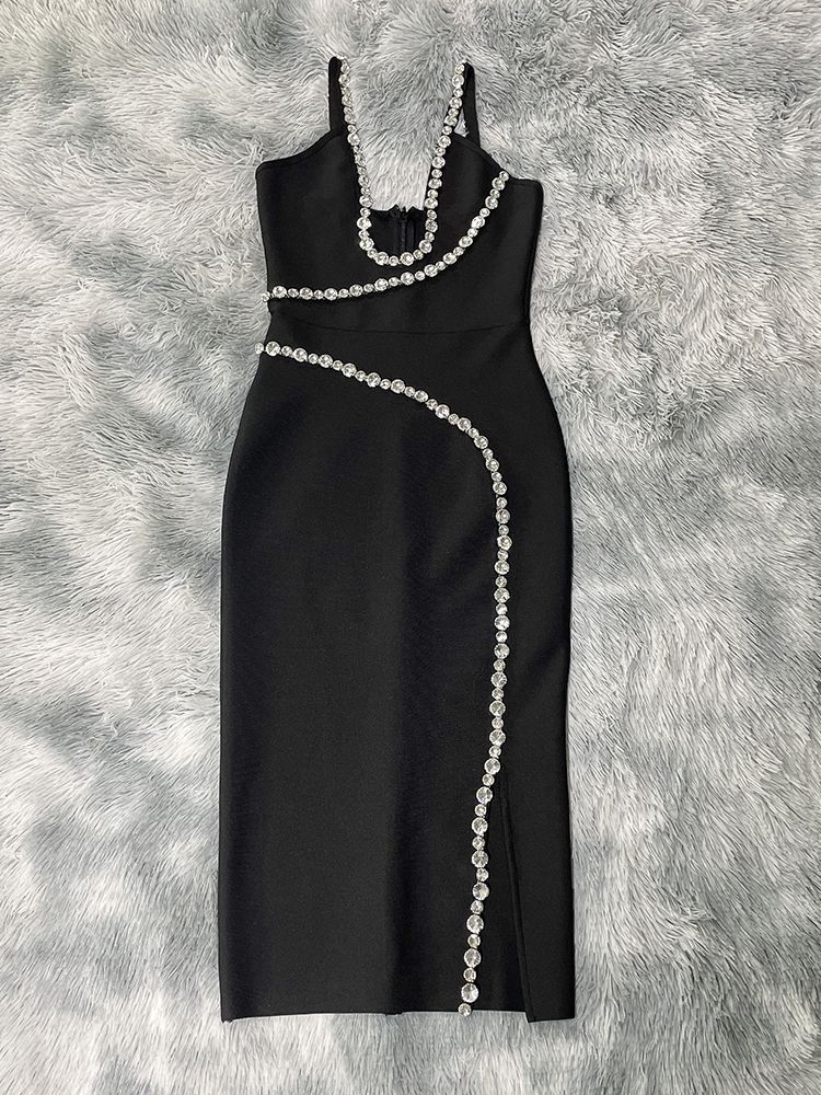 Women's Halter Neck Dress: Rhinestone Strap Double Shoulder Bandage Style