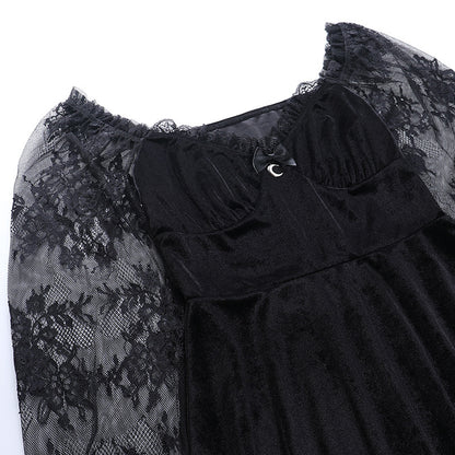 milk made Lace Stitching Flared Long Sleeve Dress