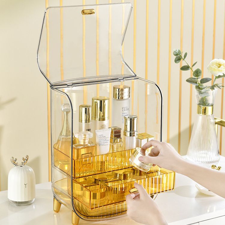 Luxury Makeup Organizer Box on a modern vanity table, surrounded by subtle floral accents and a soft, golden glow, evoking a sense of high-end beauty and sophistication.