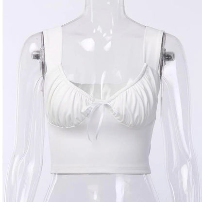 Summer Milkmaid Crop Tops for Women - White Ruched Bow Camis