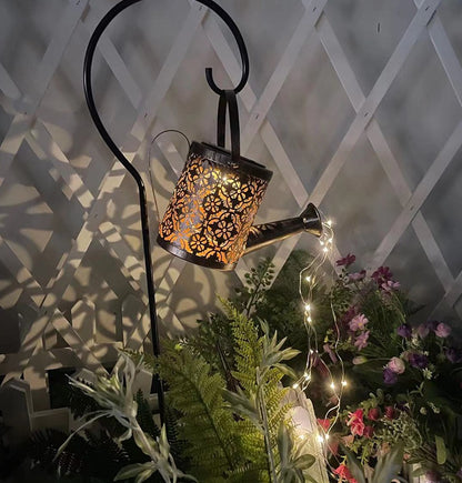 Garden Glow: Hollow-out Iron Watering Can Lamp with LED Lights