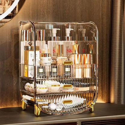 Luxury Makeup Organizer Box on a modern vanity table, surrounded by subtle floral accents and a soft, golden glow, evoking a sense of high-end beauty and sophistication.